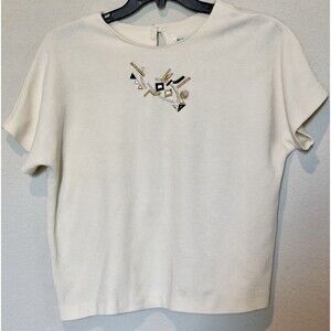 Vintage 80s Women’s Top  Ivory Embroidered Boxy Short Sleeve Size XL  Made USA